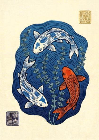 Koi fish poster featuring blue pond and vibrant colors in Japanese art style