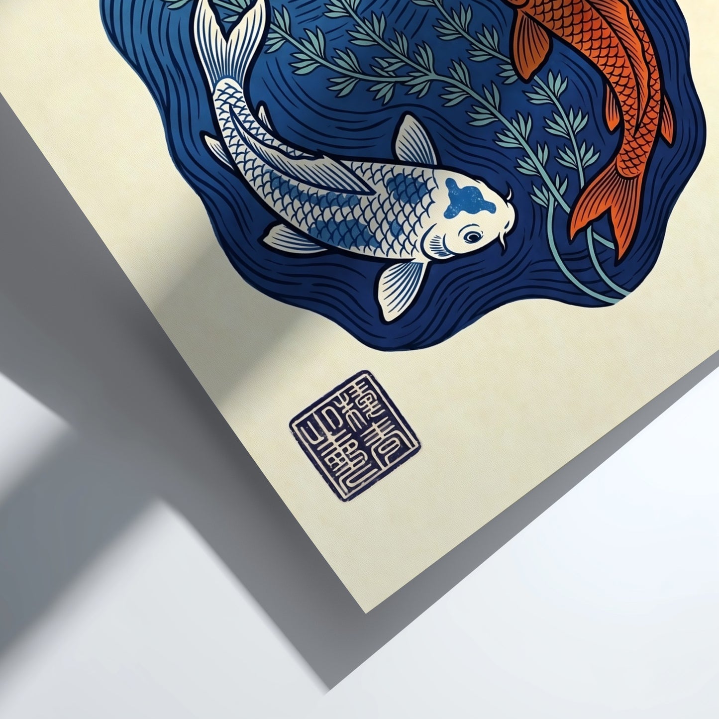 Koi fish poster featuring blue pond and vibrant colors in Japanese art style