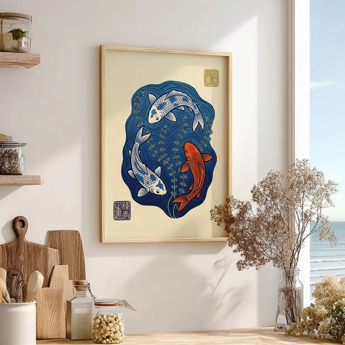 Koi fish poster featuring blue pond and vibrant colors in Japanese art style