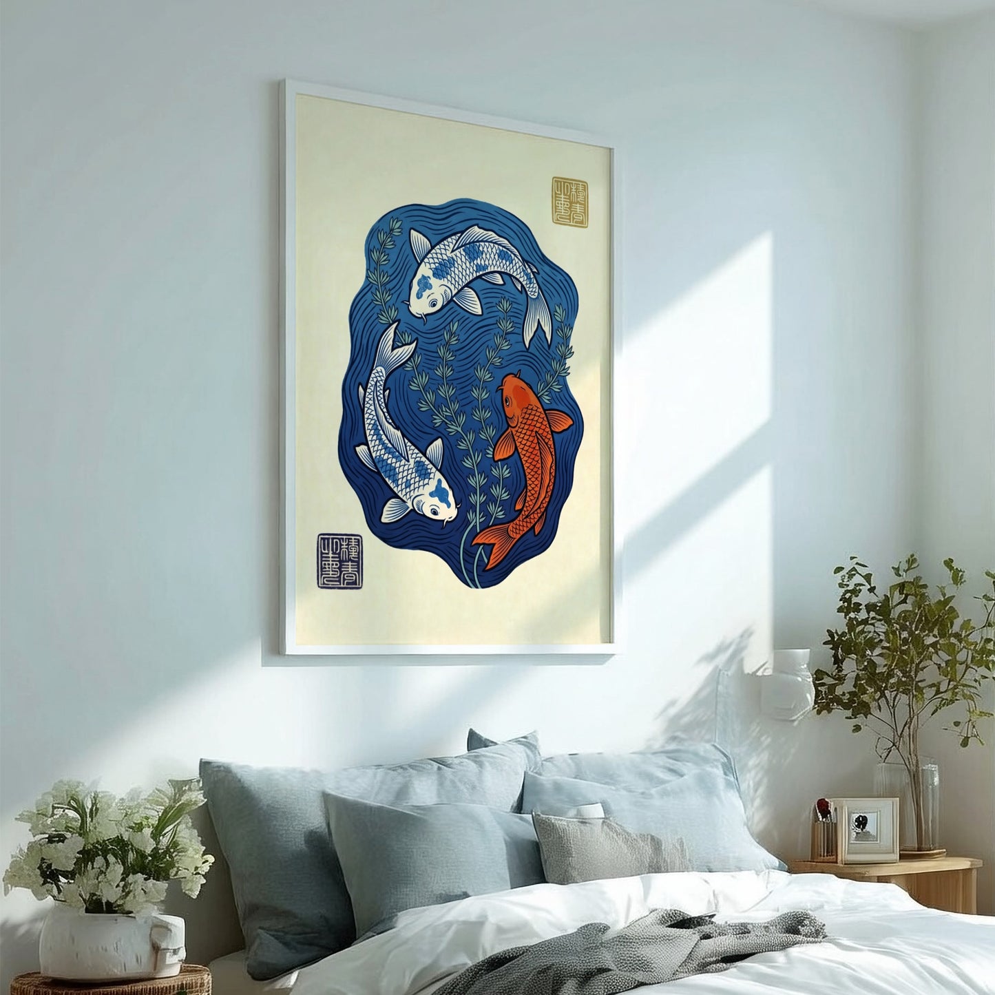 Koi fish poster featuring blue pond and vibrant colors in Japanese art style