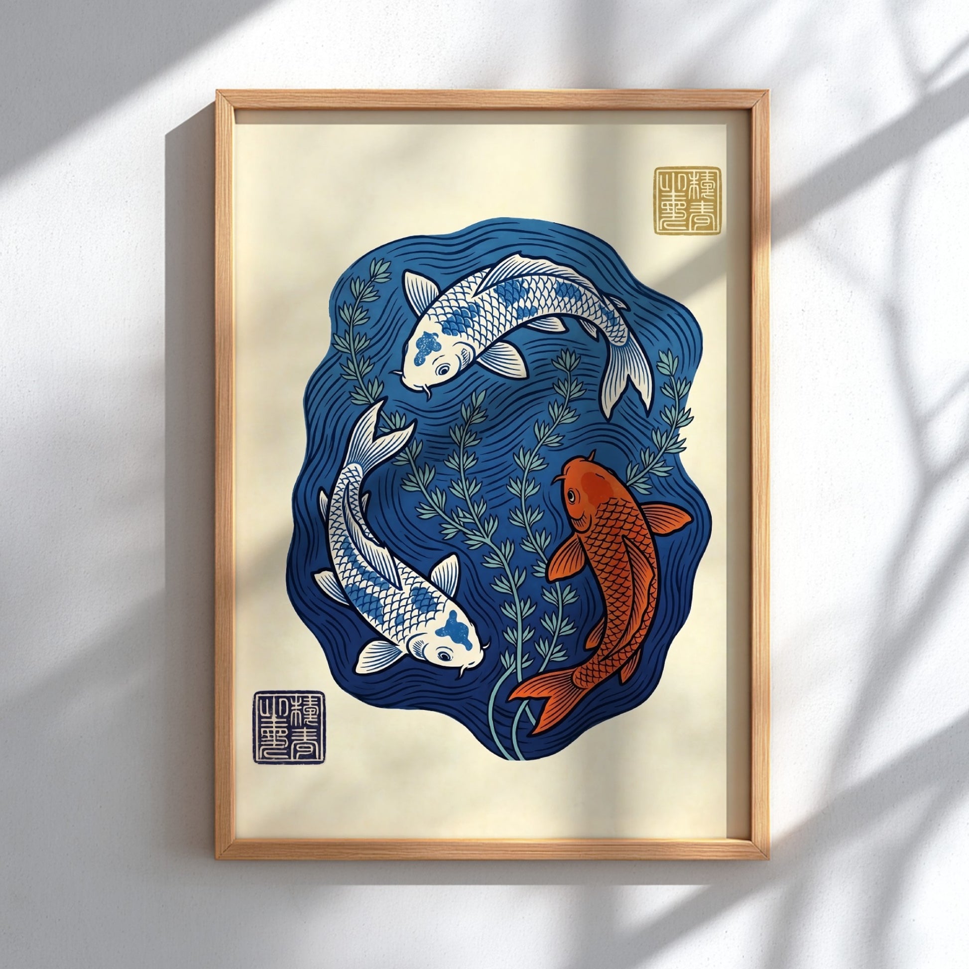 Koi fish poster featuring blue pond and vibrant colors in Japanese art style