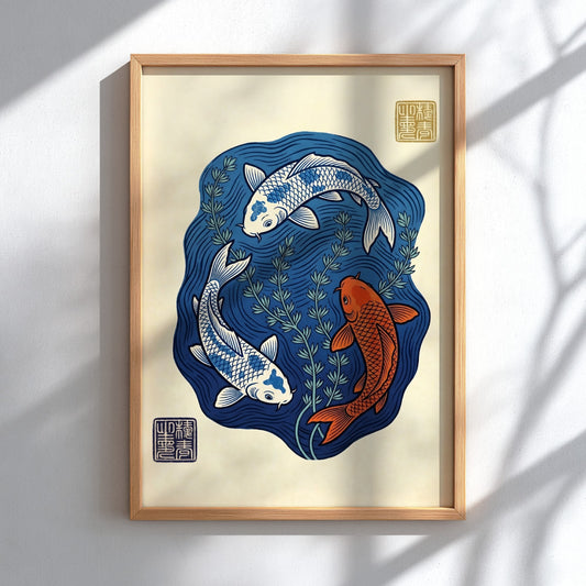 Koi fish poster featuring blue pond and vibrant colors in Japanese art style