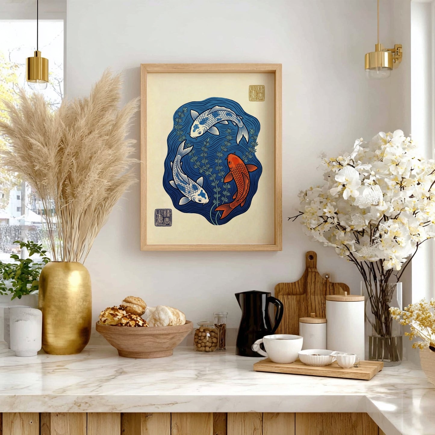Koi fish poster featuring blue pond and vibrant colors in Japanese art style