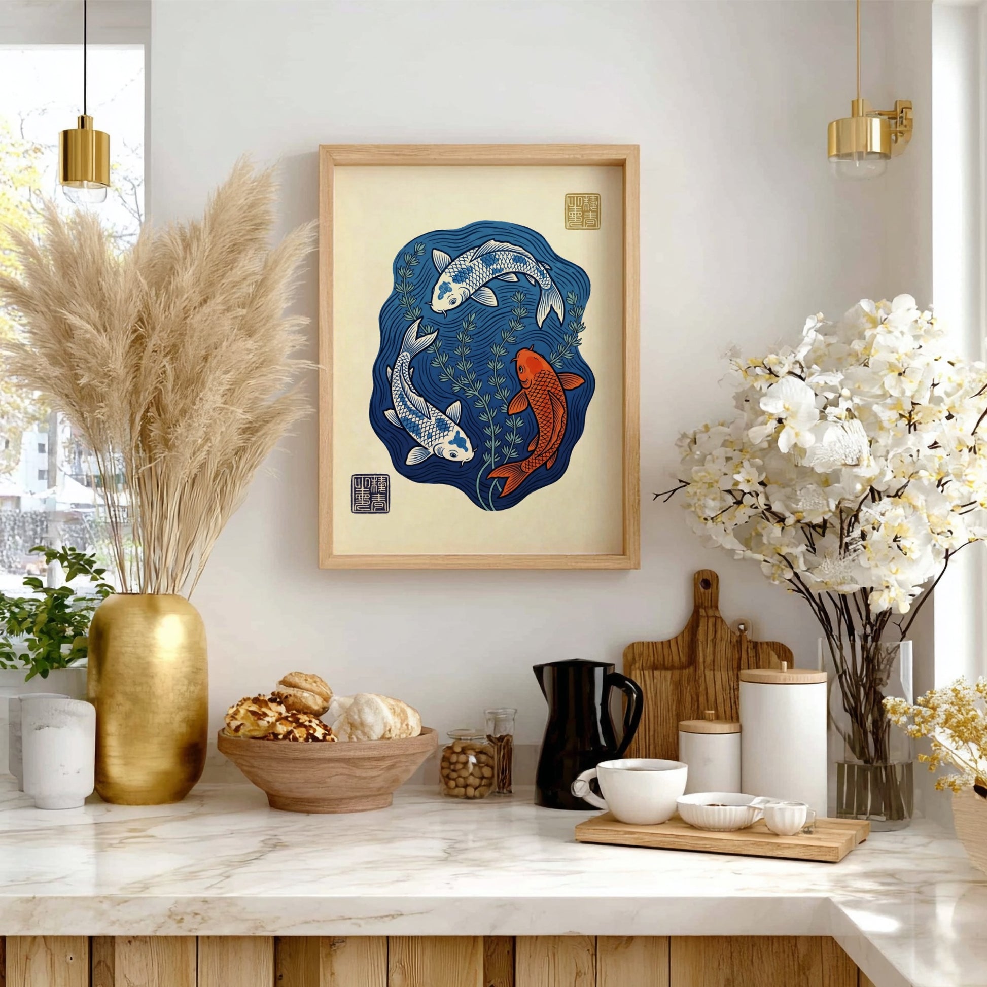 Koi fish poster featuring blue pond and vibrant colors in Japanese art style