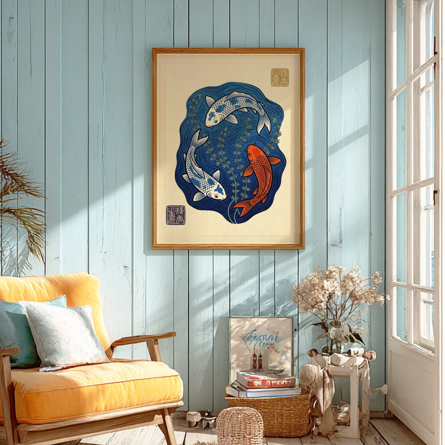 Koi fish poster featuring blue pond and vibrant colors in Japanese art style