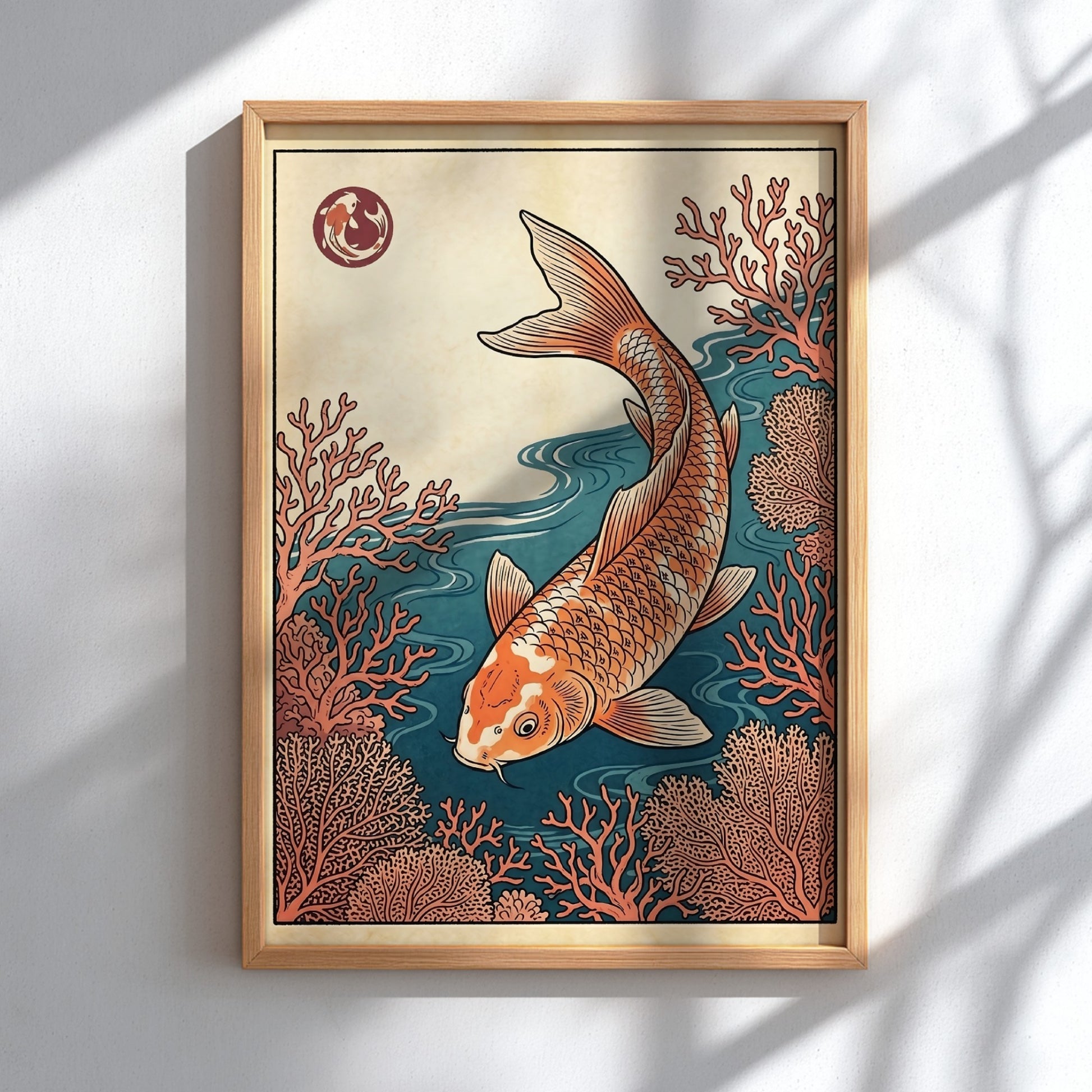 Koi fish poster featuring vibrant coral waters in Japanese art style
