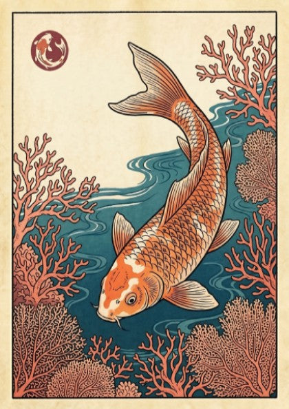 Koi fish poster featuring vibrant coral waters in Japanese art style
