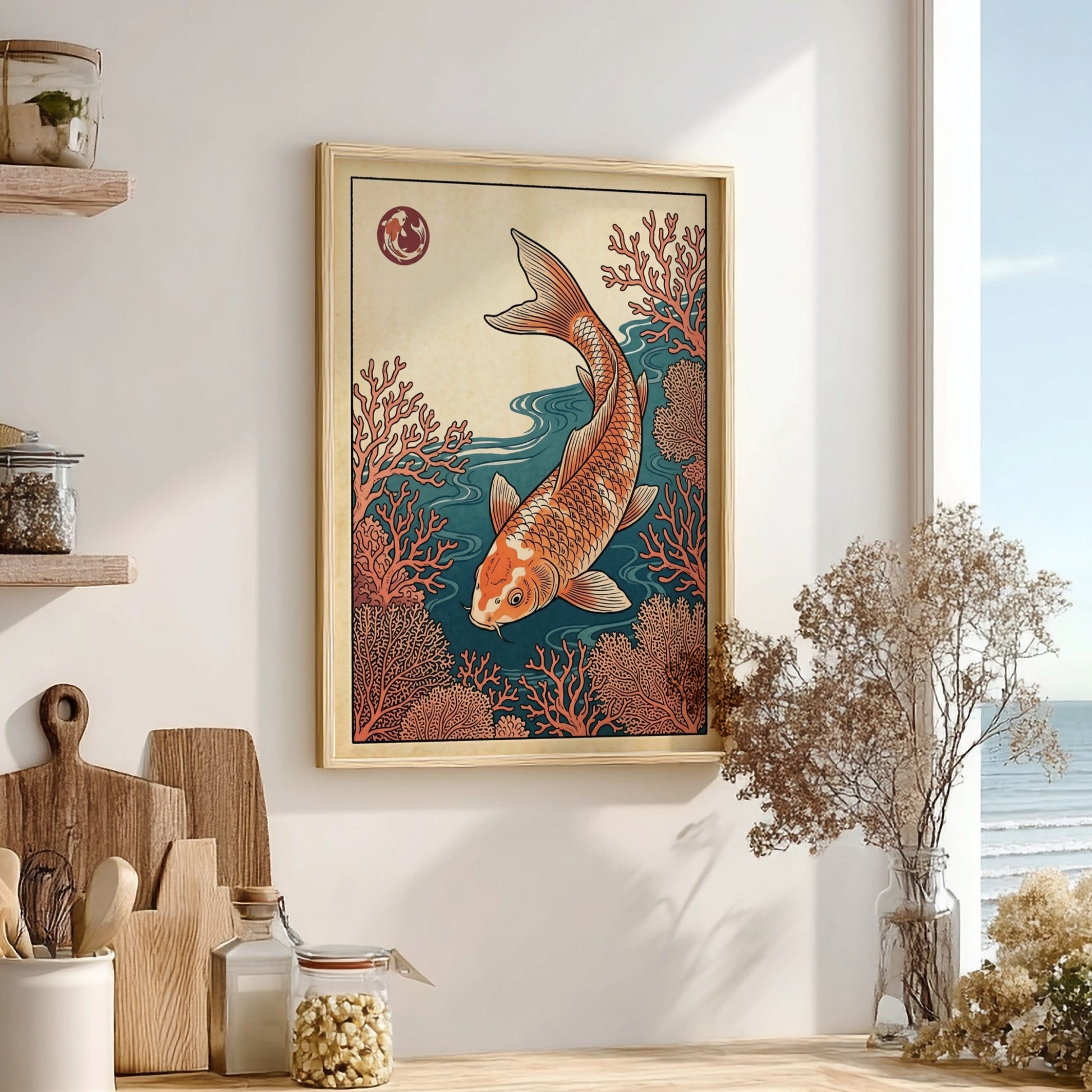 Koi fish poster featuring vibrant coral waters in Japanese art style