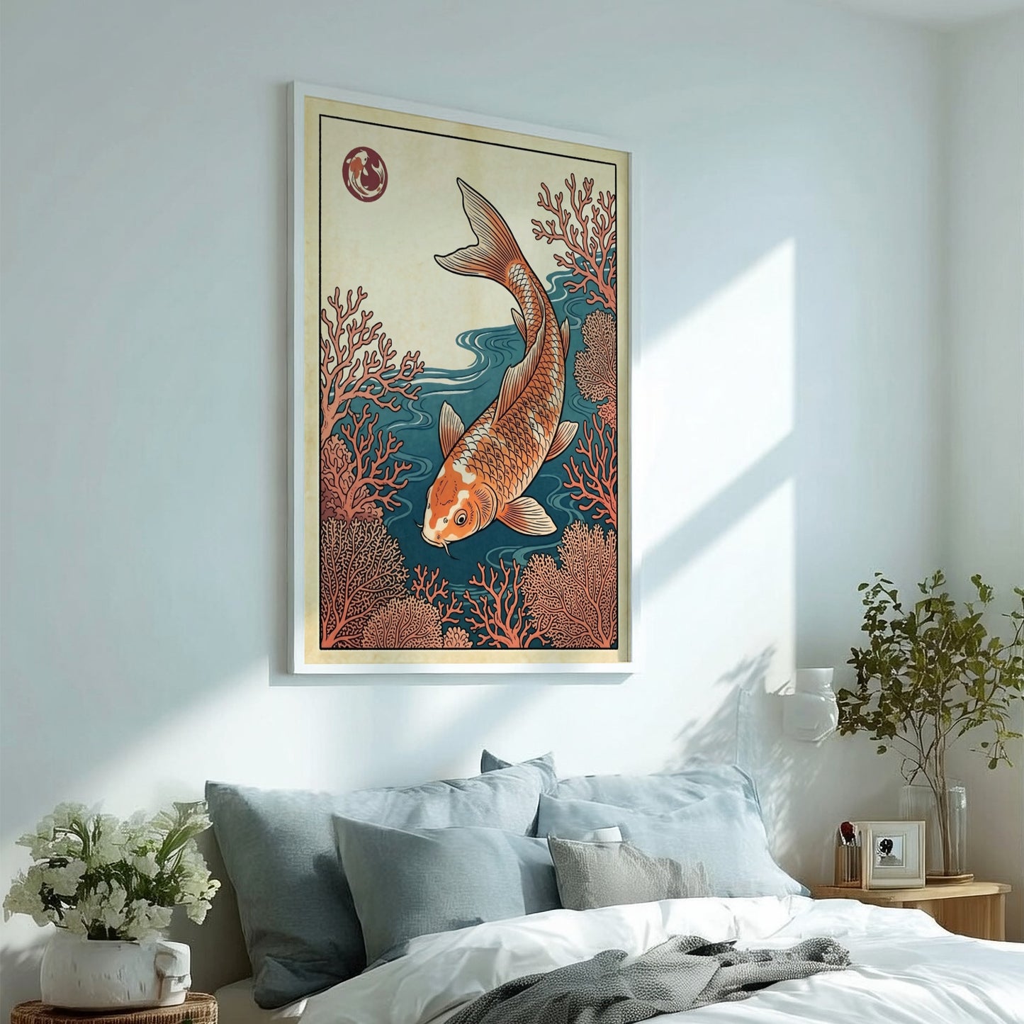 Koi fish poster featuring vibrant coral waters in Japanese art style