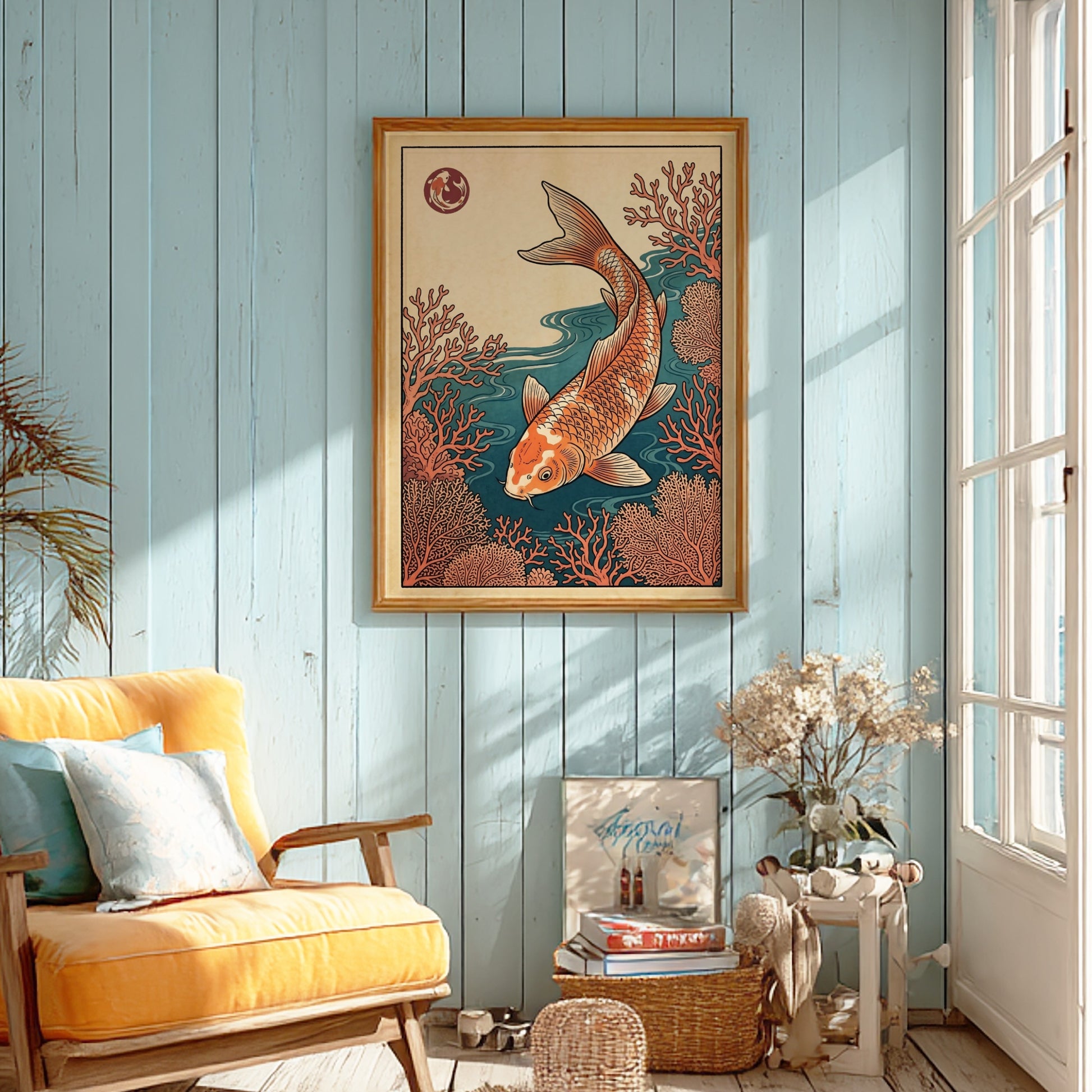 Koi fish poster featuring vibrant coral waters in Japanese art style