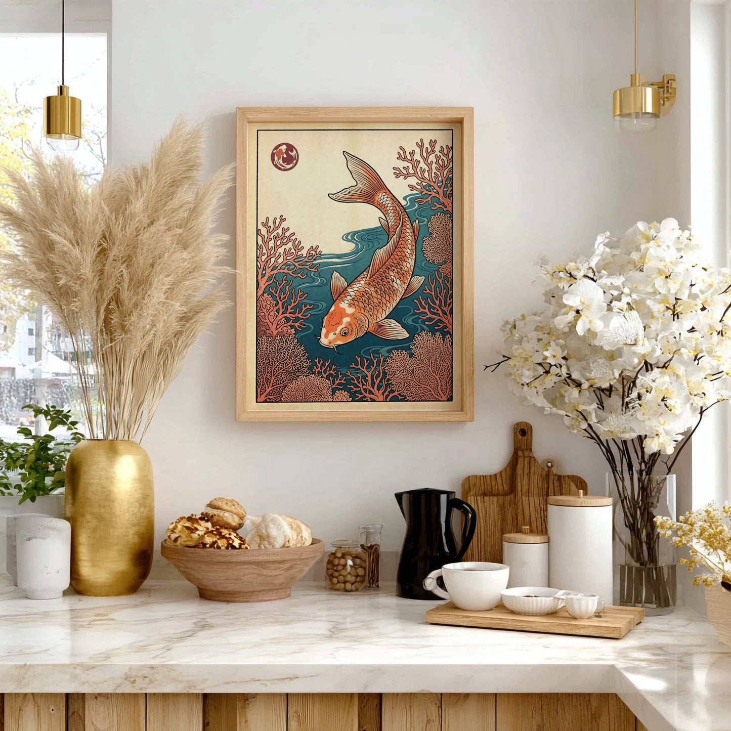 Koi fish poster featuring vibrant coral waters in Japanese art style
