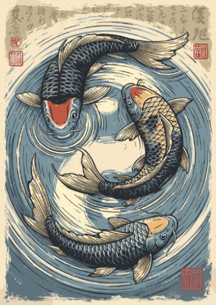 Japanese art style poster featuring three koi fish swimming in a circular pond, with blue and beige tones.