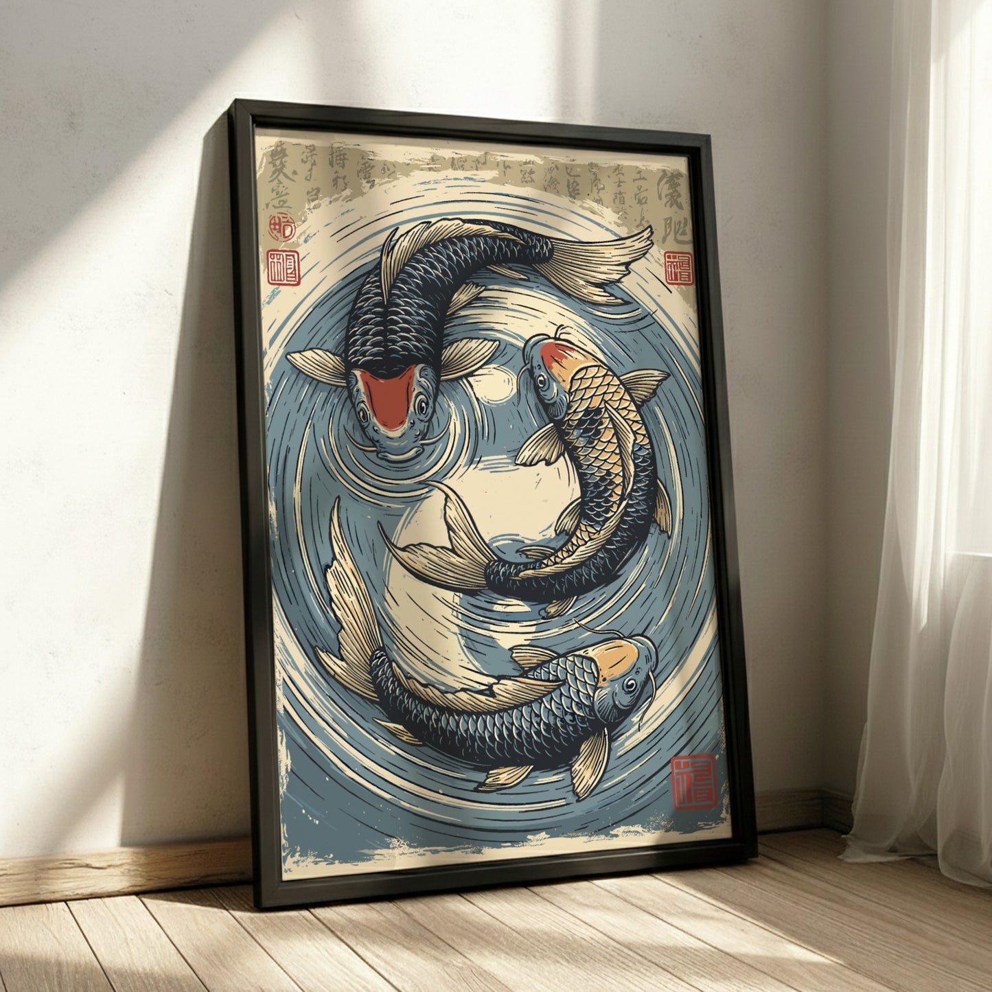 Japanese art style poster featuring three koi fish swimming in a circular pond, with blue and beige tones.