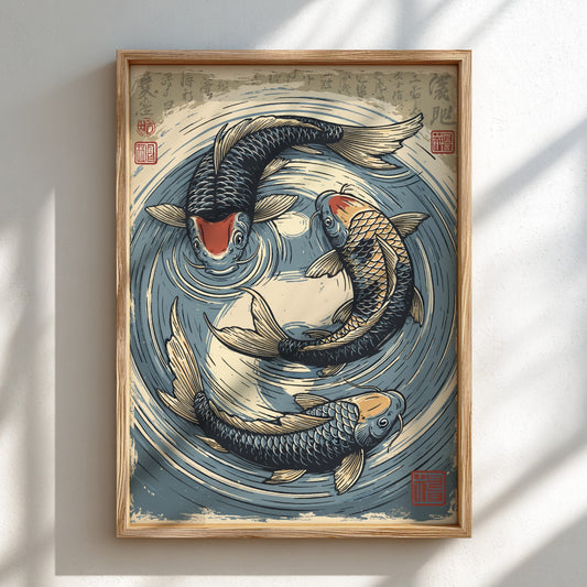 Japanese art style poster featuring three koi fish swimming in a circular pond, with blue and beige tones.