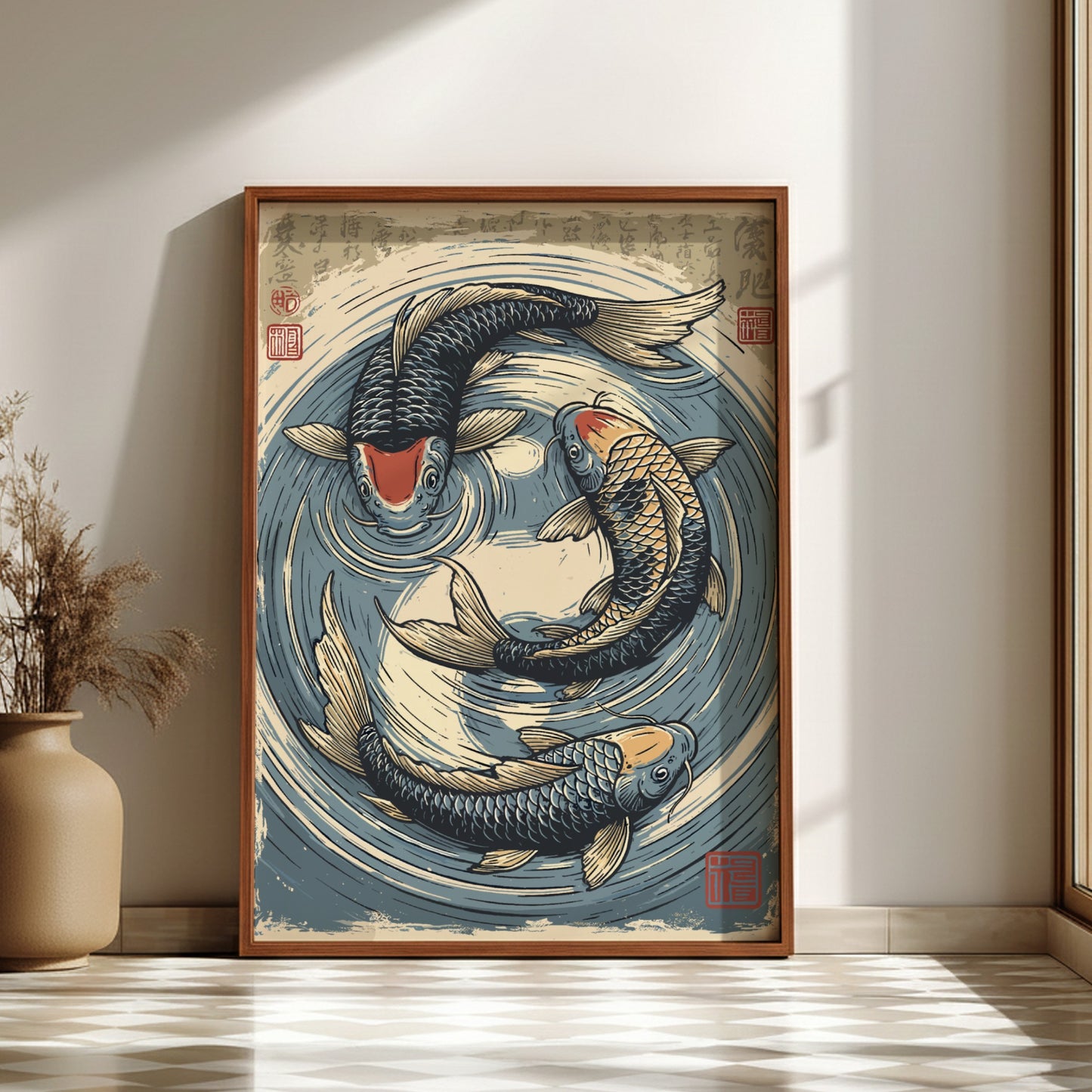 Japanese art style poster featuring three koi fish swimming in a circular pond, with blue and beige tones.
