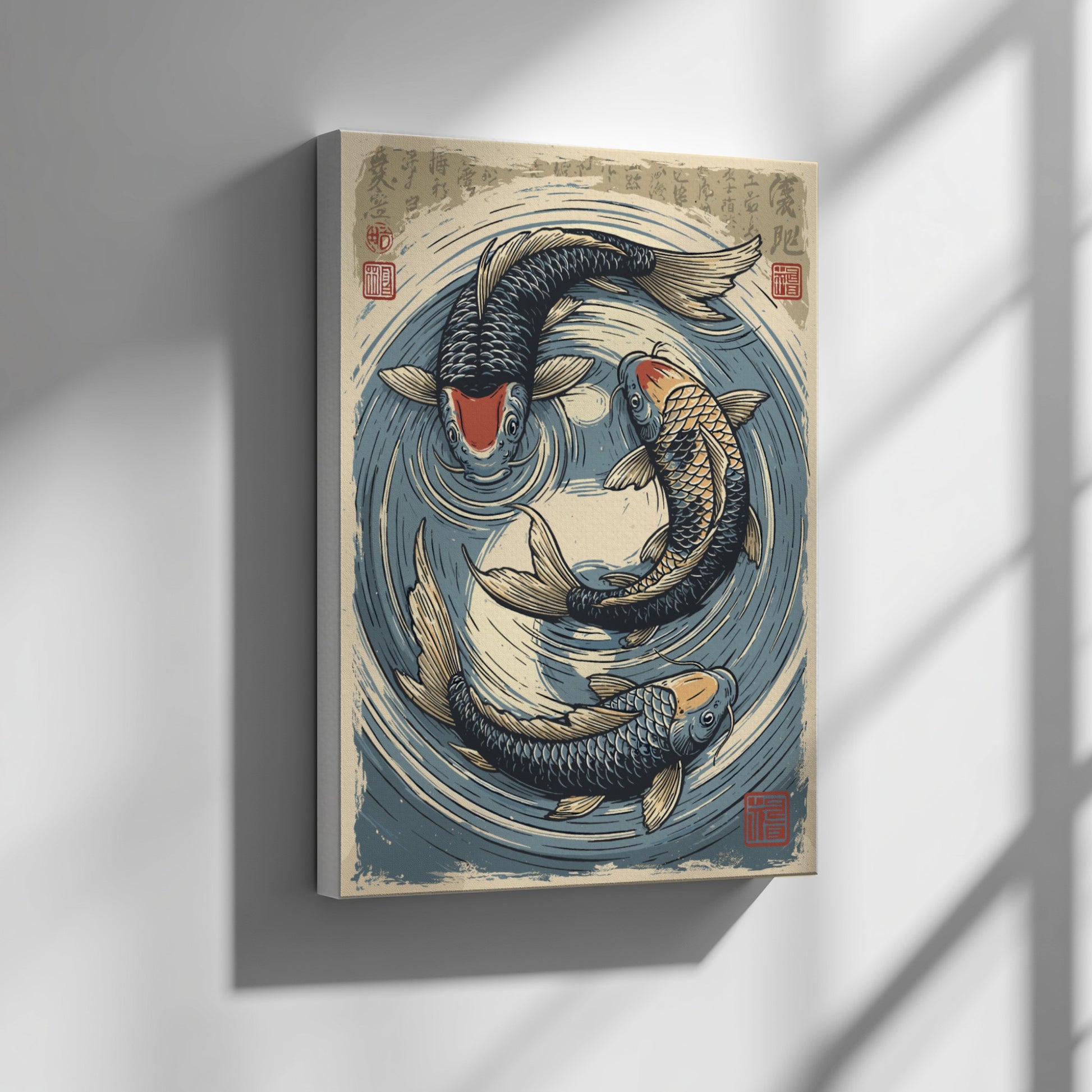 Japanese art style poster featuring three koi fish swimming in a circular pond, with blue and beige tones.
