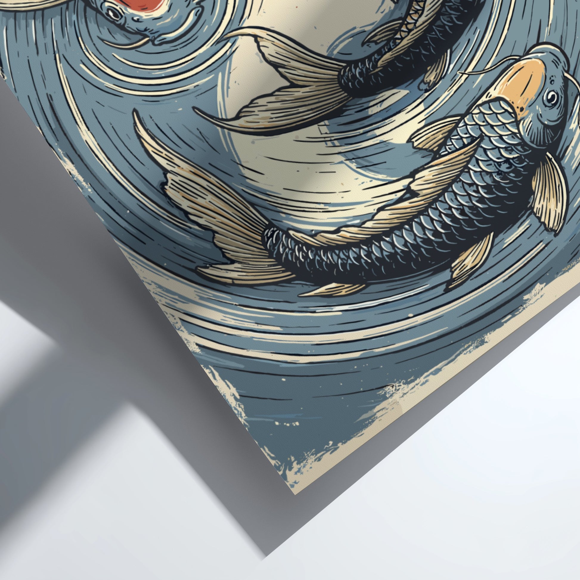 Japanese art style poster featuring three koi fish swimming in a circular pond, with blue and beige tones.