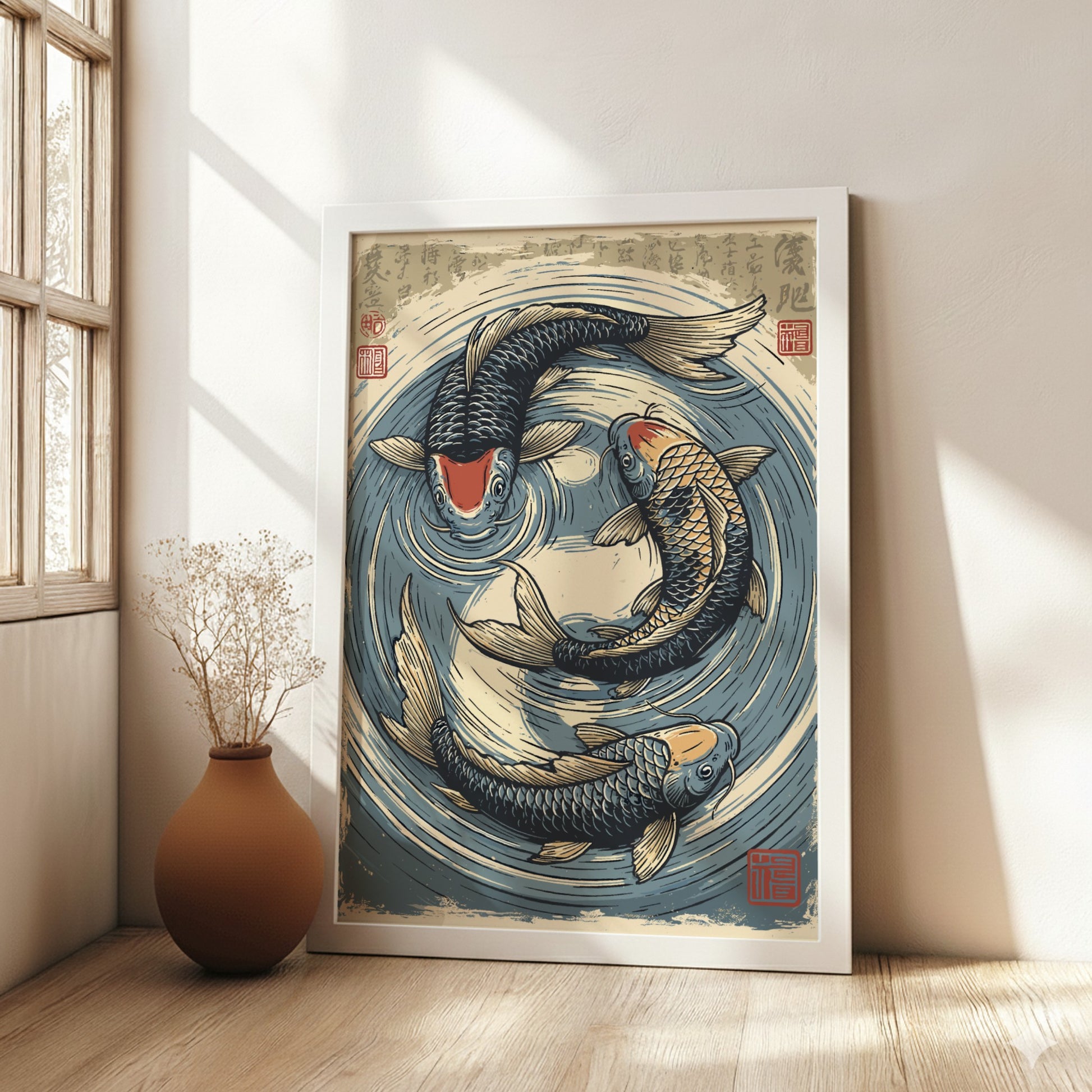 Japanese art style poster featuring three koi fish swimming in a circular pond, with blue and beige tones.