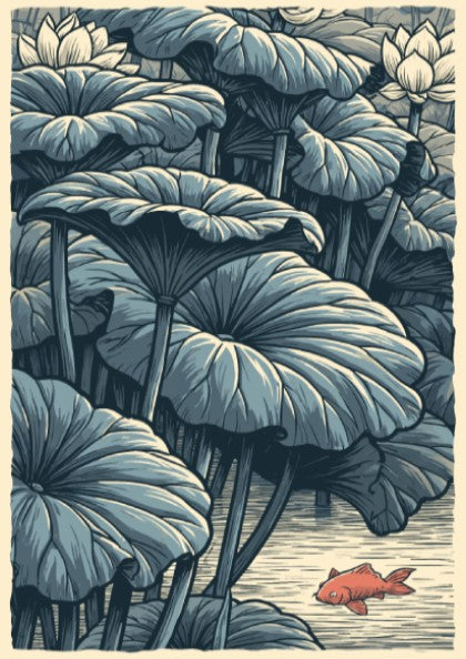 Japanese art style poster of a red koi fish swimming near lotus leaves in a lake.