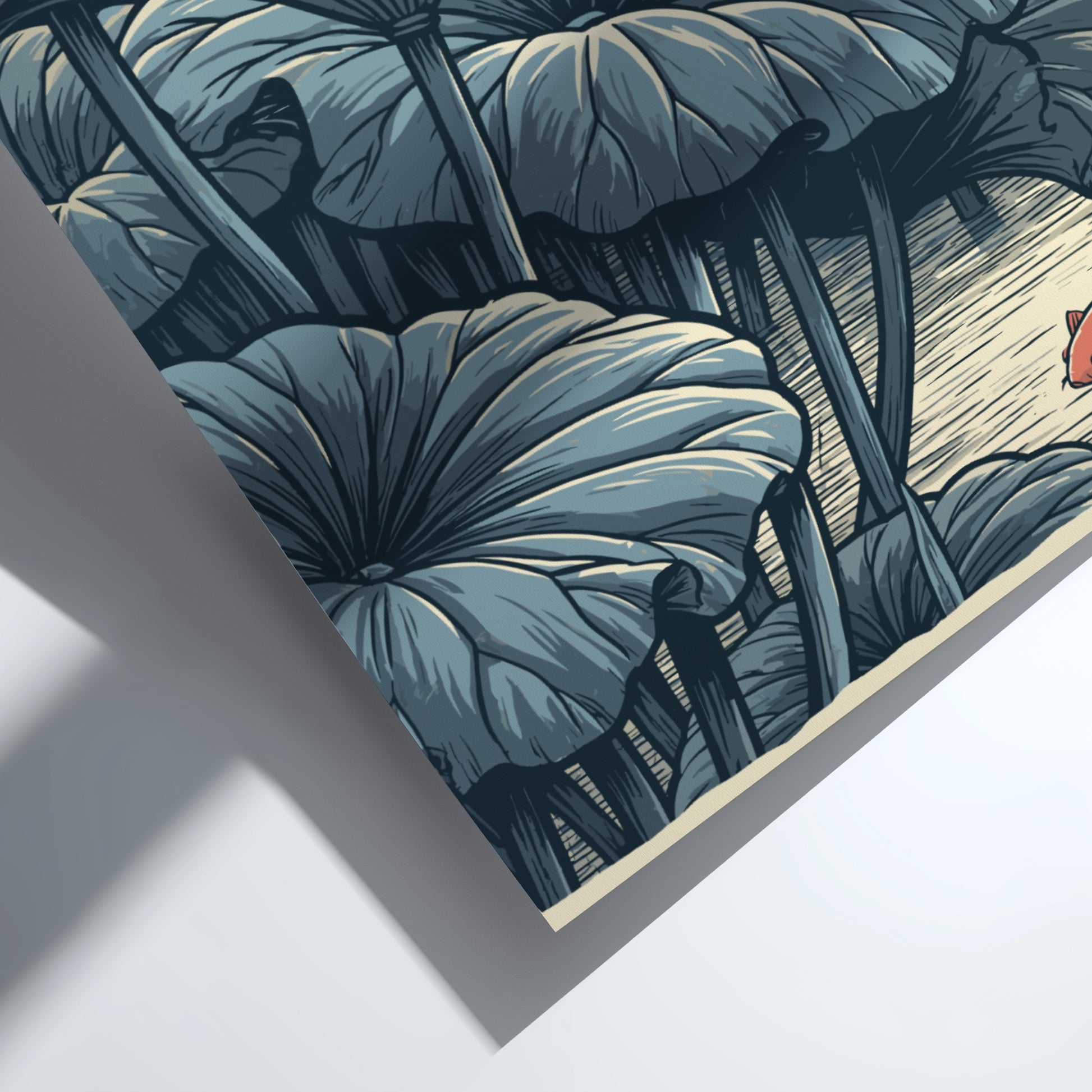Japanese art style poster of a red koi fish swimming near lotus leaves in a lake.