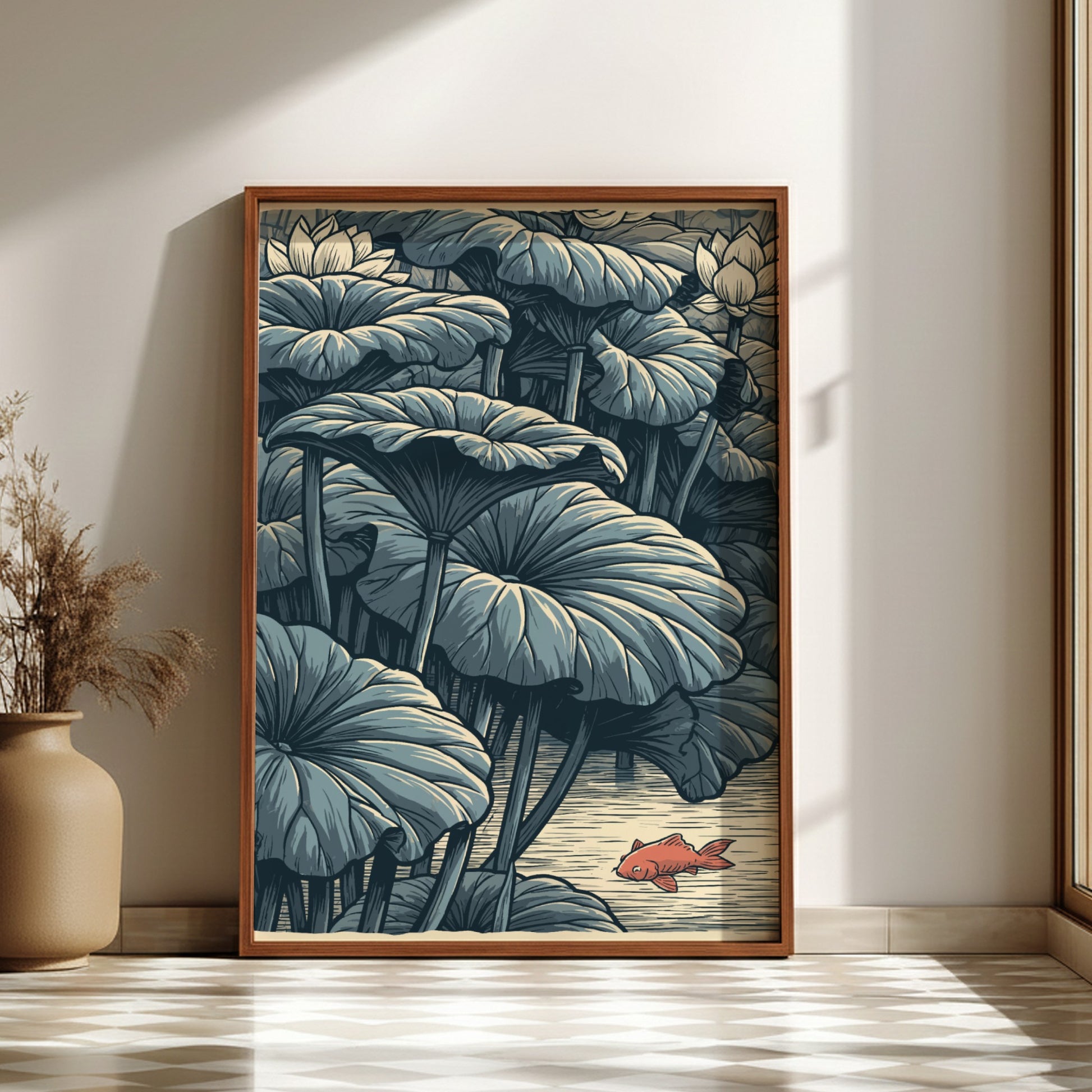 Japanese art style poster of a red koi fish swimming near lotus leaves in a lake.