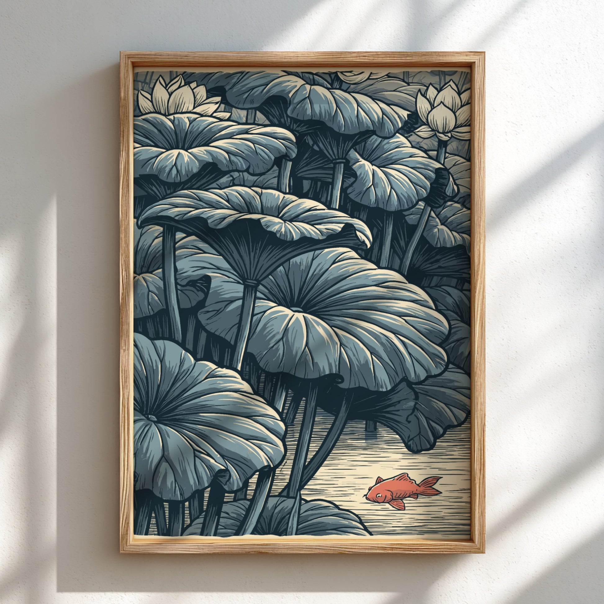 Japanese art style poster of a red koi fish swimming near lotus leaves in a lake.