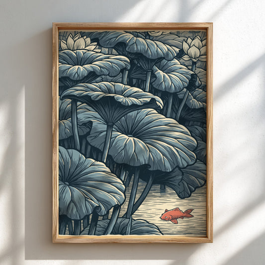Japanese art style poster of a red koi fish swimming near lotus leaves in a lake.