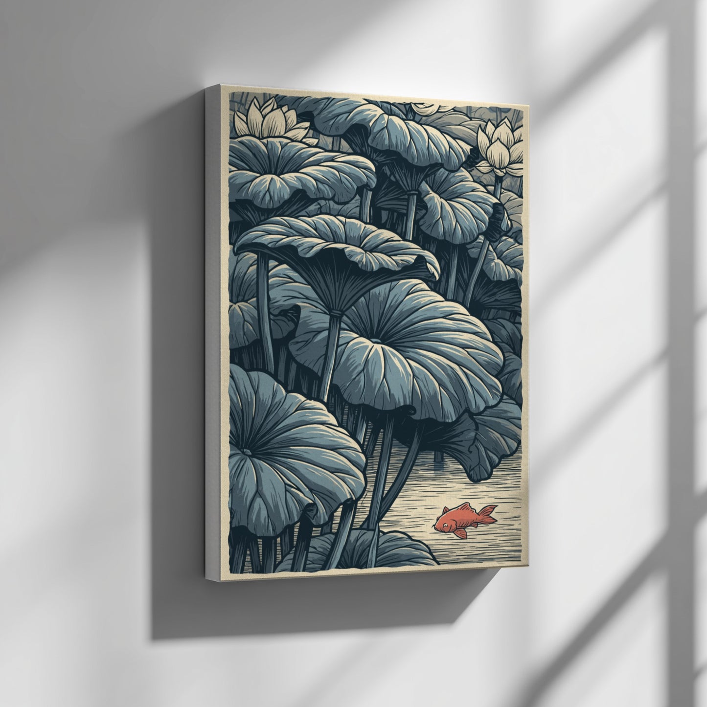 Japanese art style poster of a red koi fish swimming near lotus leaves in a lake.