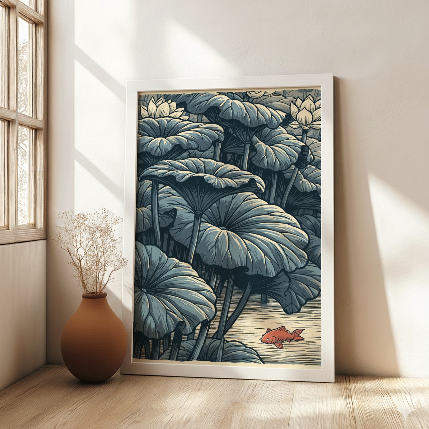 Japanese art style poster of a red koi fish swimming near lotus leaves in a lake.