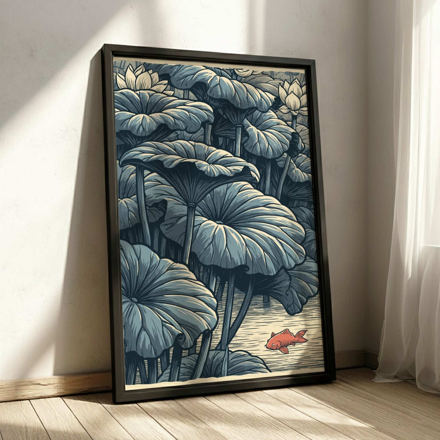 Japanese art style poster of a red koi fish swimming near lotus leaves in a lake.