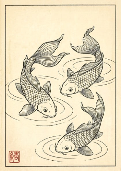 Koi fish poster featuring elegant line art in Japanese style, perfect for wall decor.
