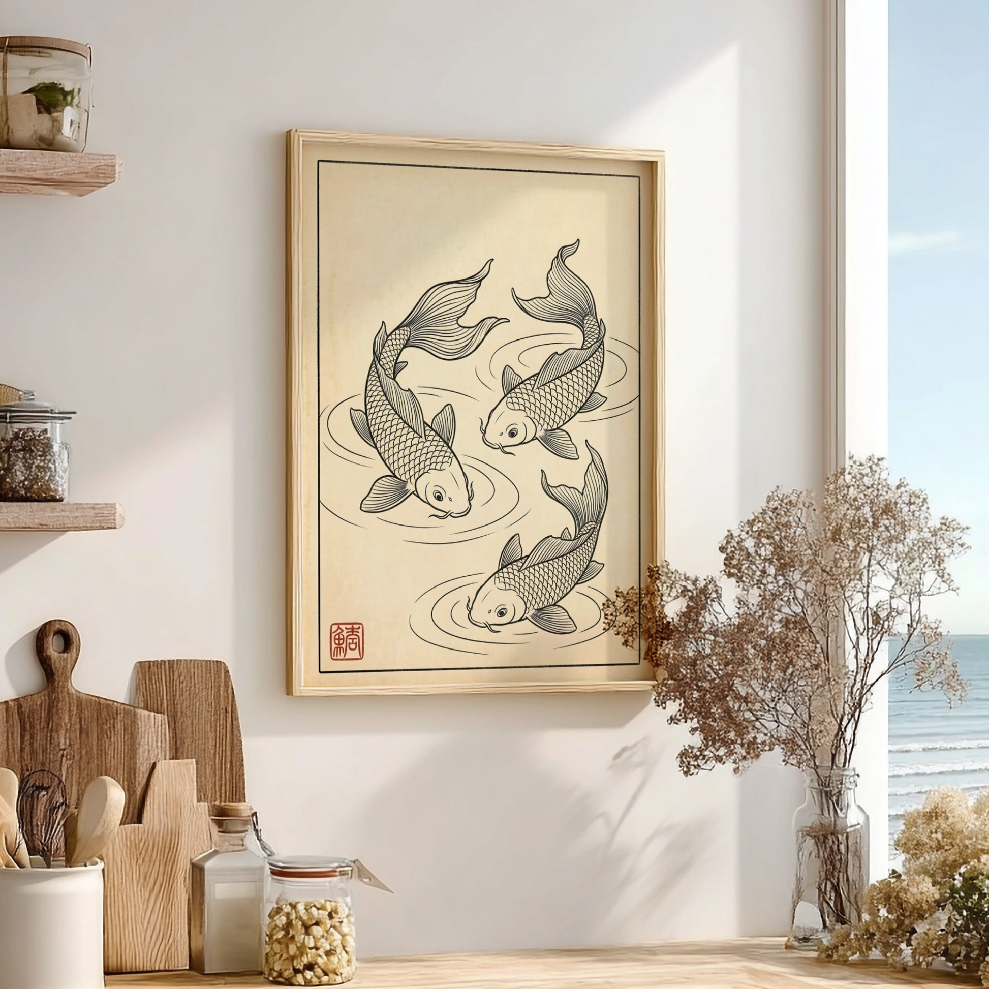 Koi fish poster featuring elegant line art in Japanese style, perfect for wall decor.