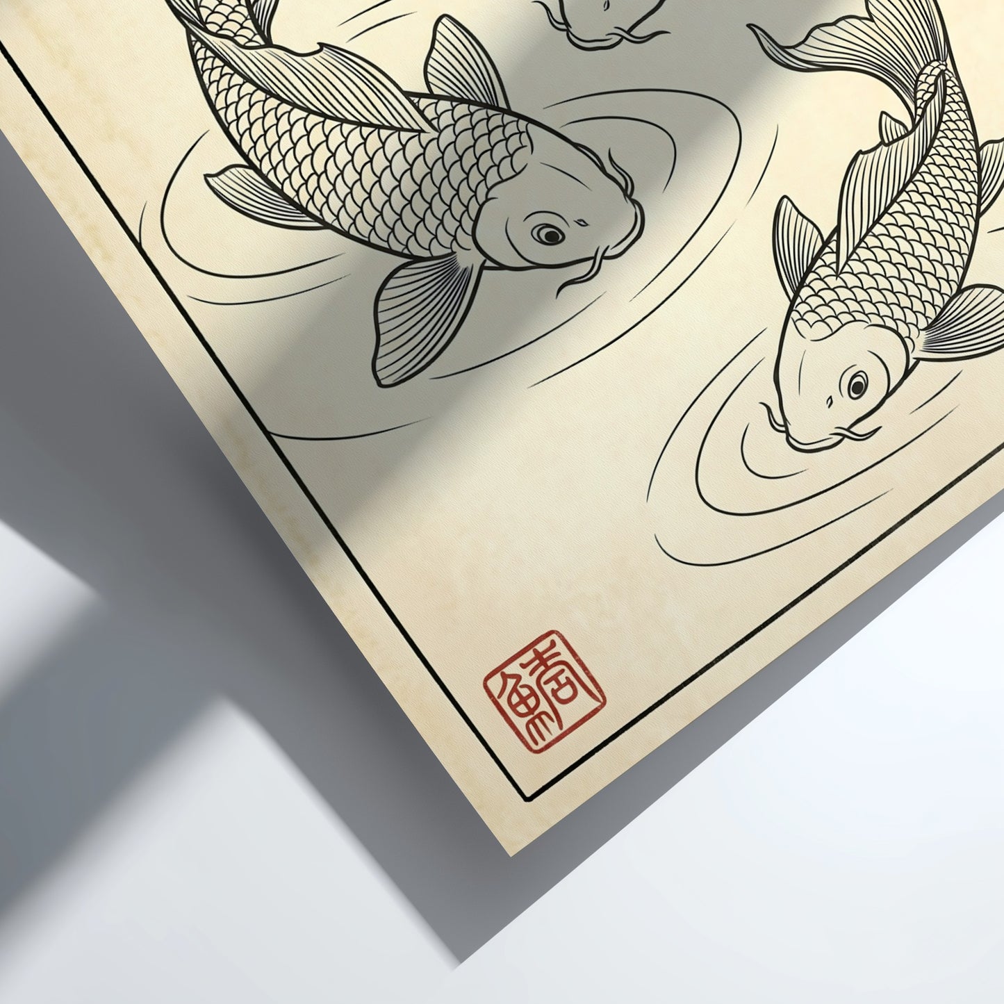 Koi fish poster featuring elegant line art in Japanese style, perfect for wall decor.