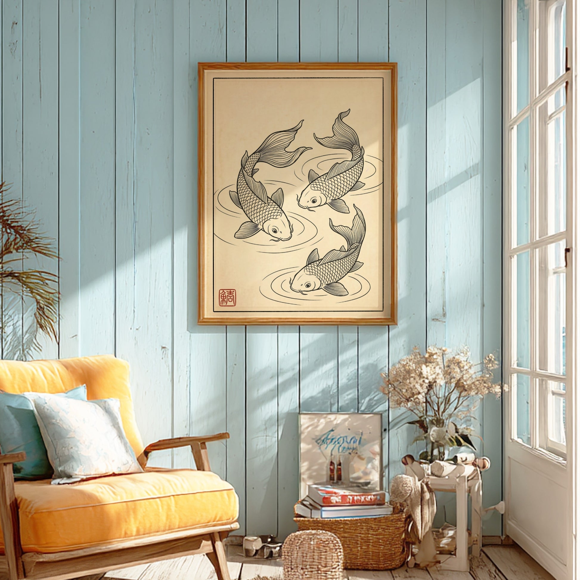 Koi fish poster featuring elegant line art in Japanese style, perfect for wall decor.