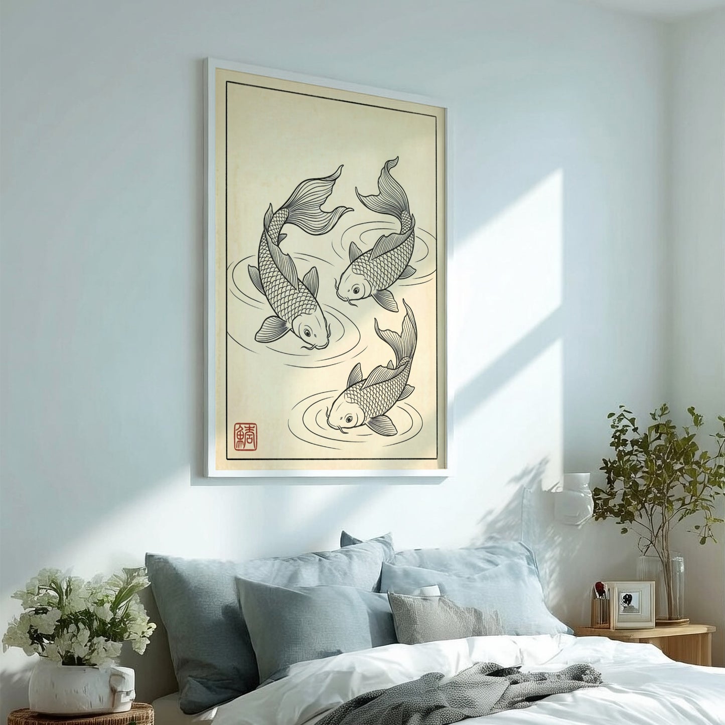 Koi fish poster featuring elegant line art in Japanese style, perfect for wall decor.
