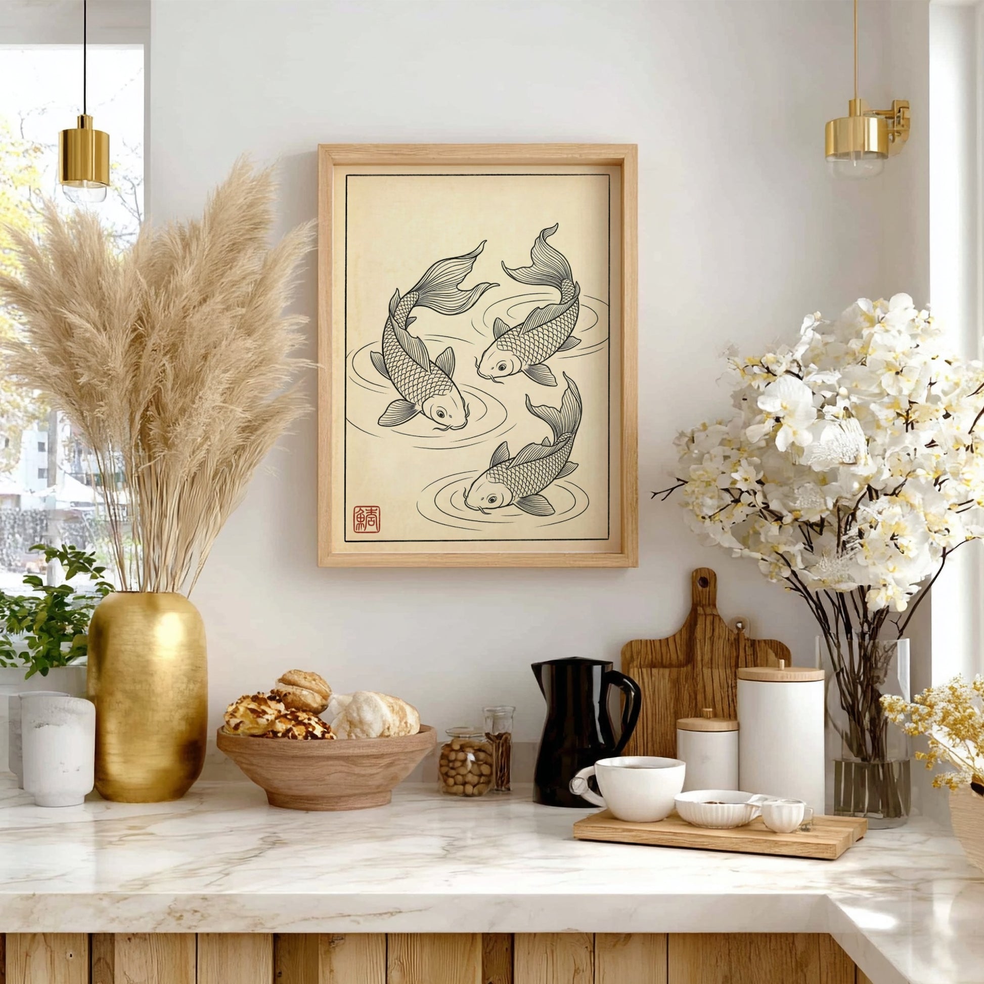 Koi fish poster featuring elegant line art in Japanese style, perfect for wall decor.