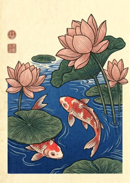 Japanese art style poster featuring koi fish and lotus flowers in blue tones
