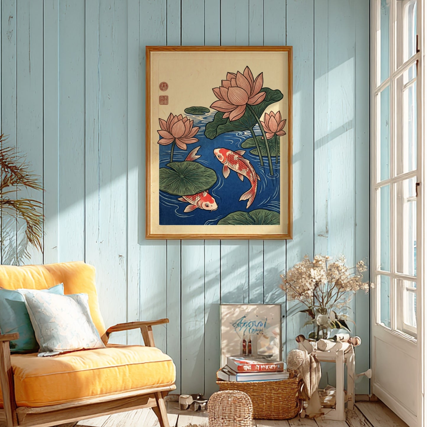 Japanese art style poster featuring koi fish and lotus flowers in blue tones