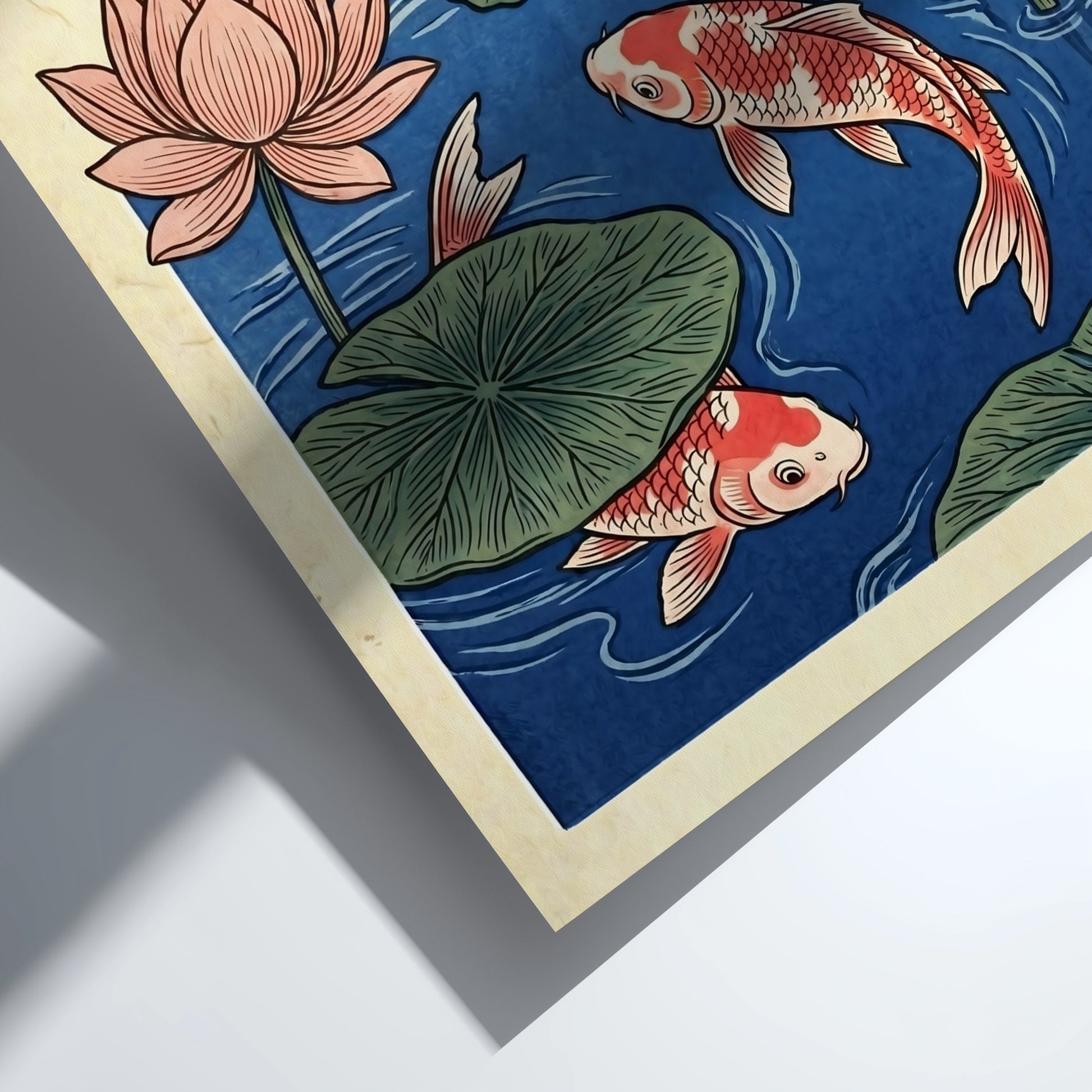 Japanese art style poster featuring koi fish and lotus flowers in blue tones