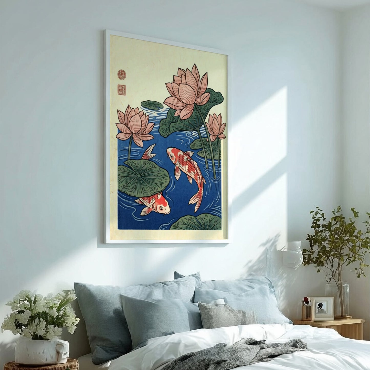 Japanese art style poster featuring koi fish and lotus flowers in blue tones