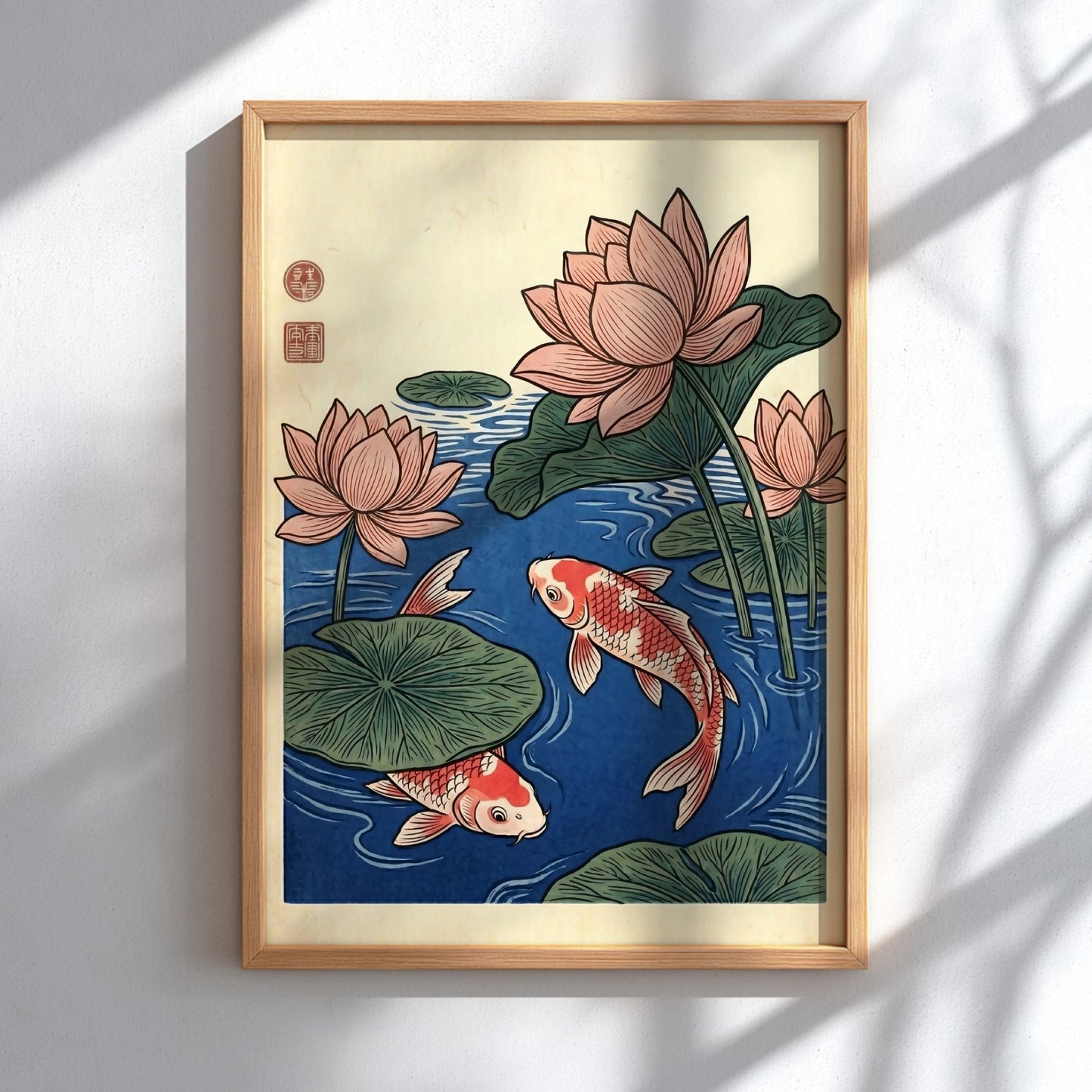 Japanese art style poster featuring koi fish and lotus flowers in blue tones