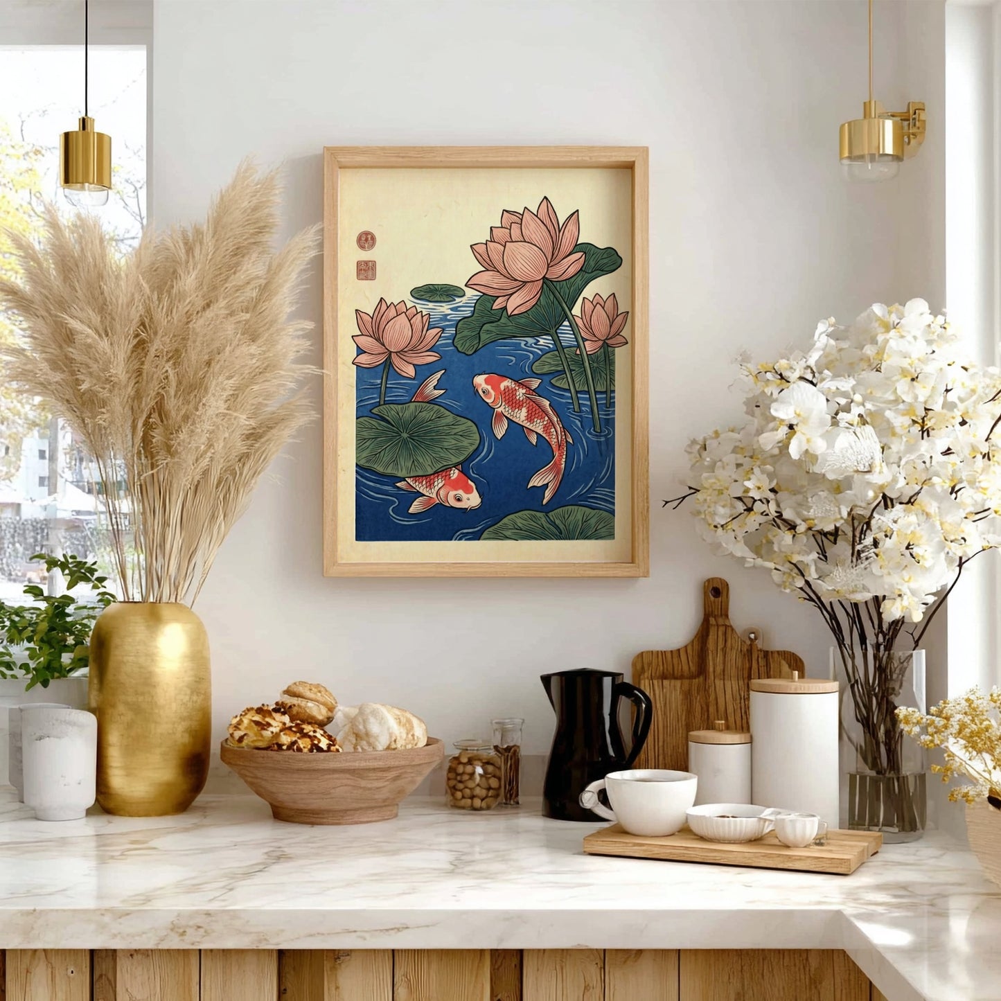 Japanese art style poster featuring koi fish and lotus flowers in blue tones