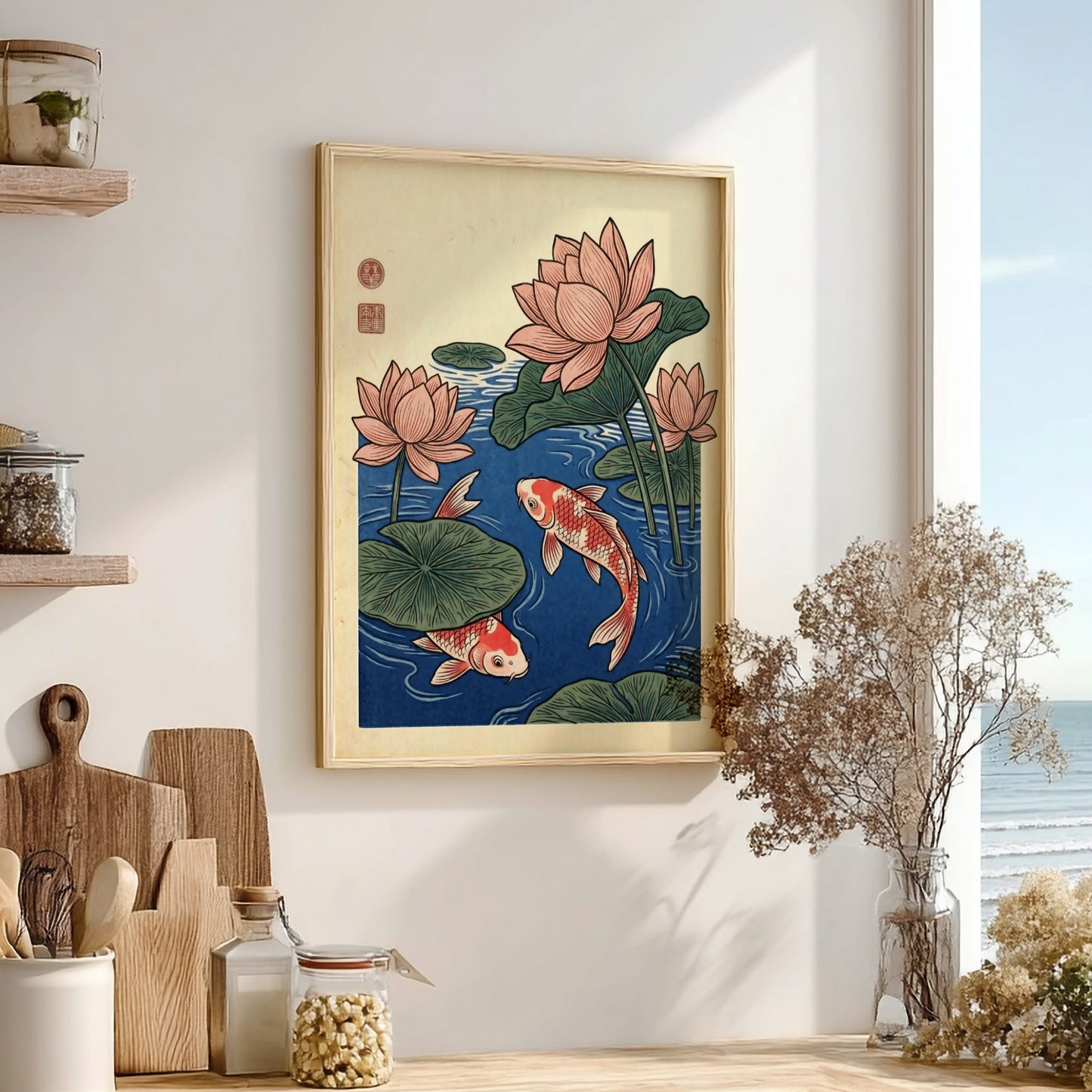 Japanese art style poster featuring koi fish and lotus flowers in blue tones