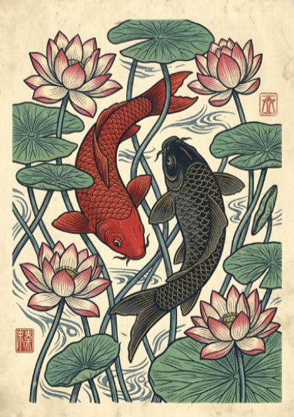 Koi fish and lotus flowers poster in Japanese art style with vibrant colors