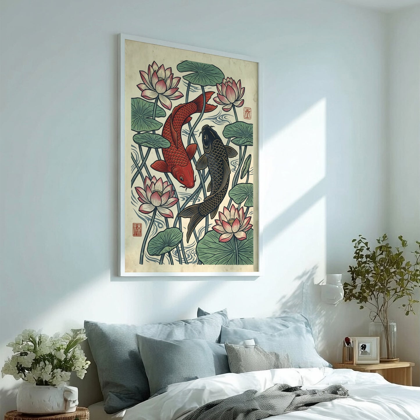Koi fish and lotus flowers poster in Japanese art style with vibrant colors
