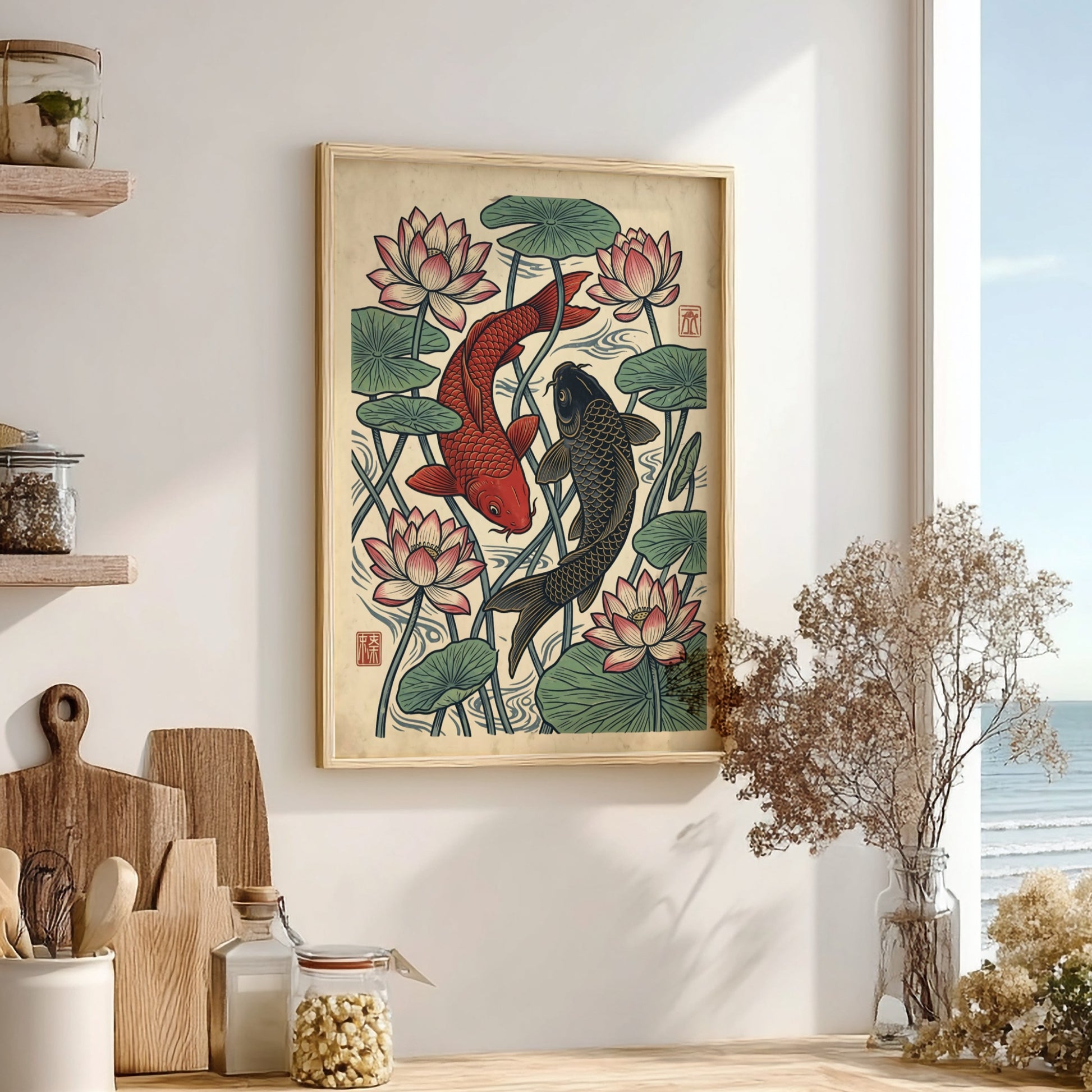 Koi fish and lotus flowers poster in Japanese art style with vibrant colors