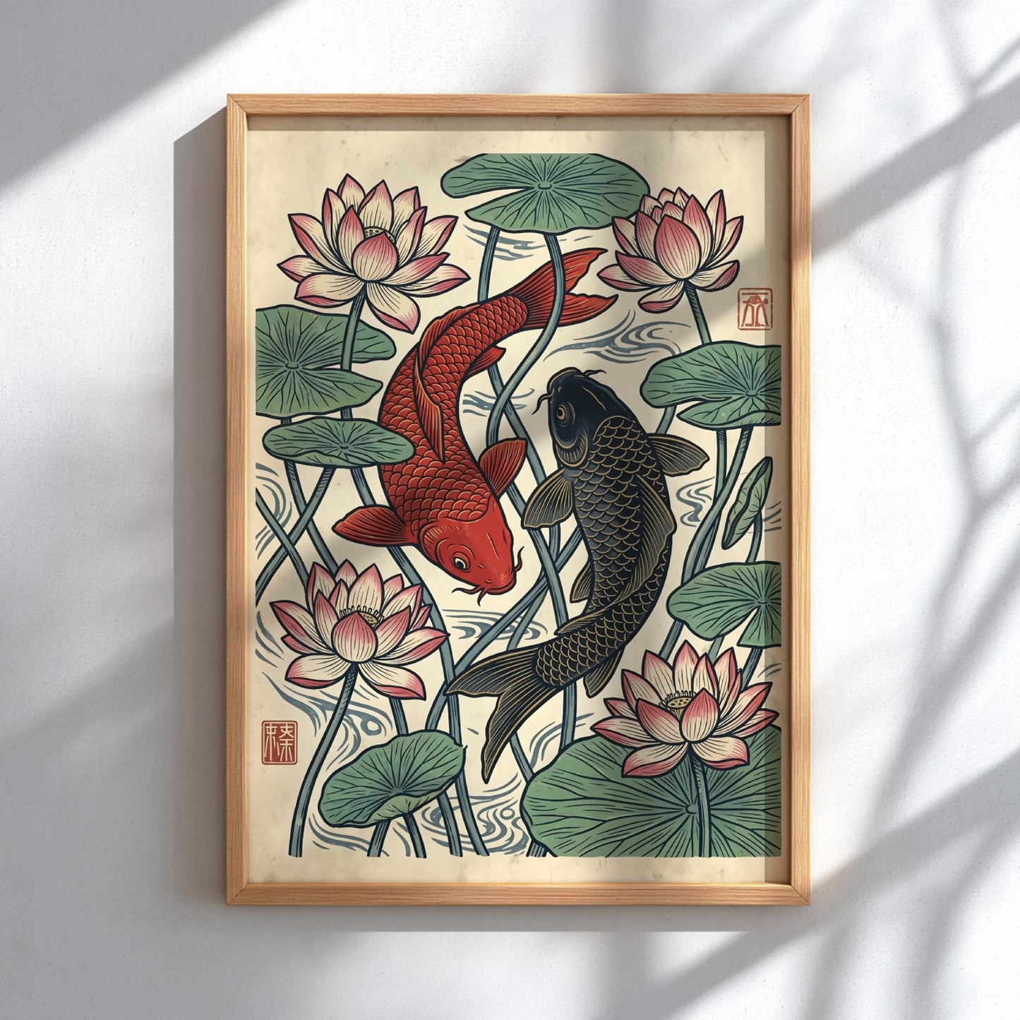 Koi fish and lotus flowers poster in Japanese art style with vibrant colors