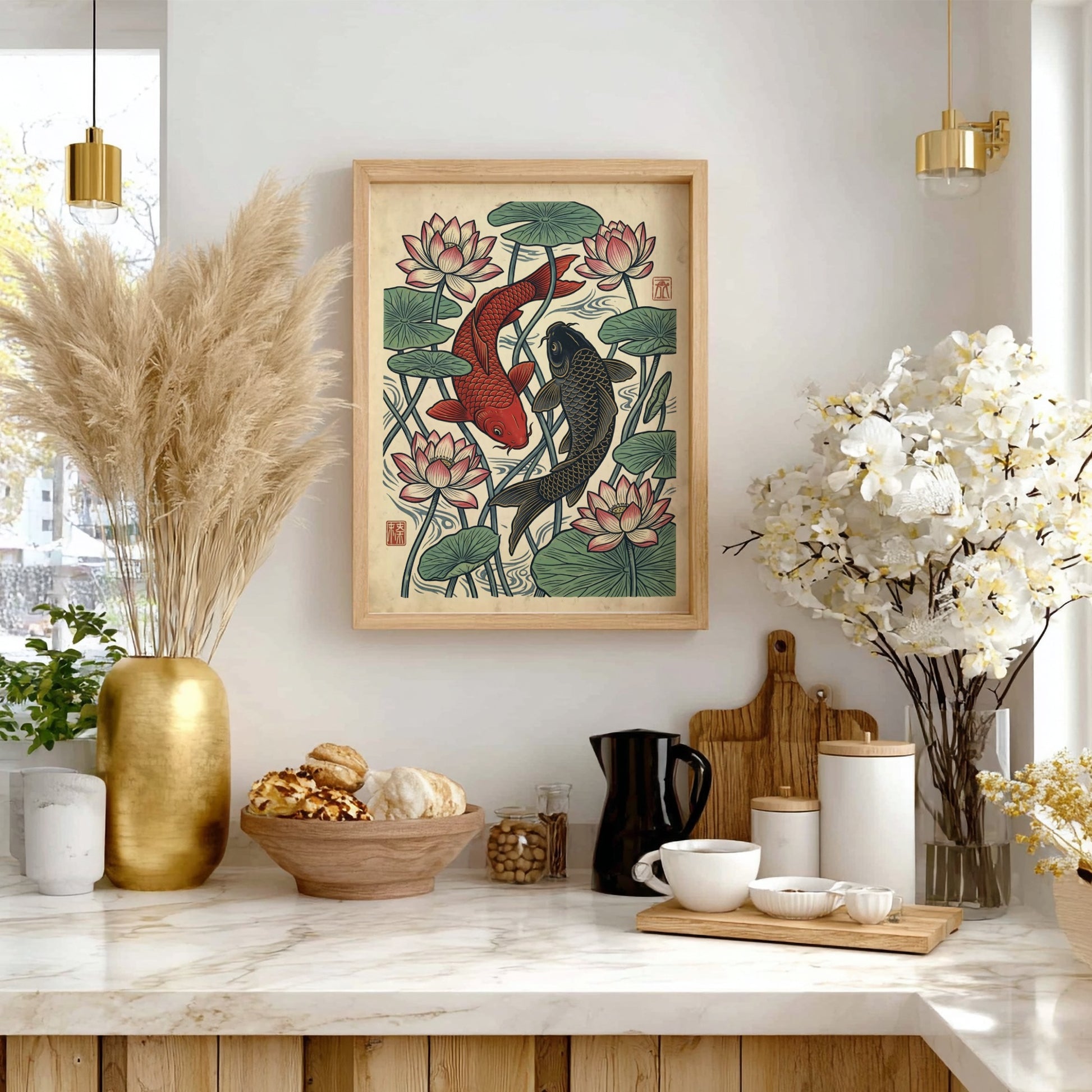 Koi fish and lotus flowers poster in Japanese art style with vibrant colors