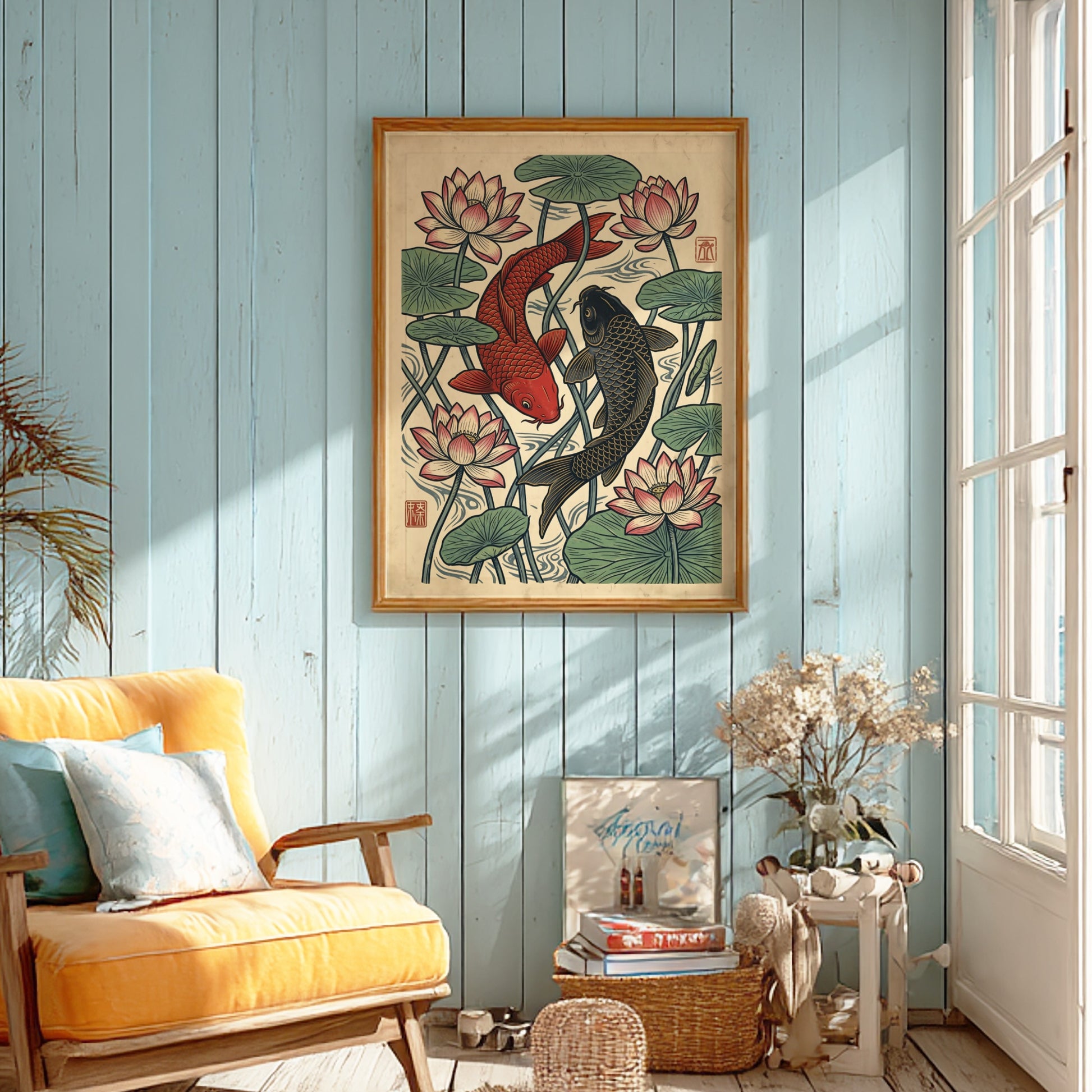 Koi fish and lotus flowers poster in Japanese art style with vibrant colors