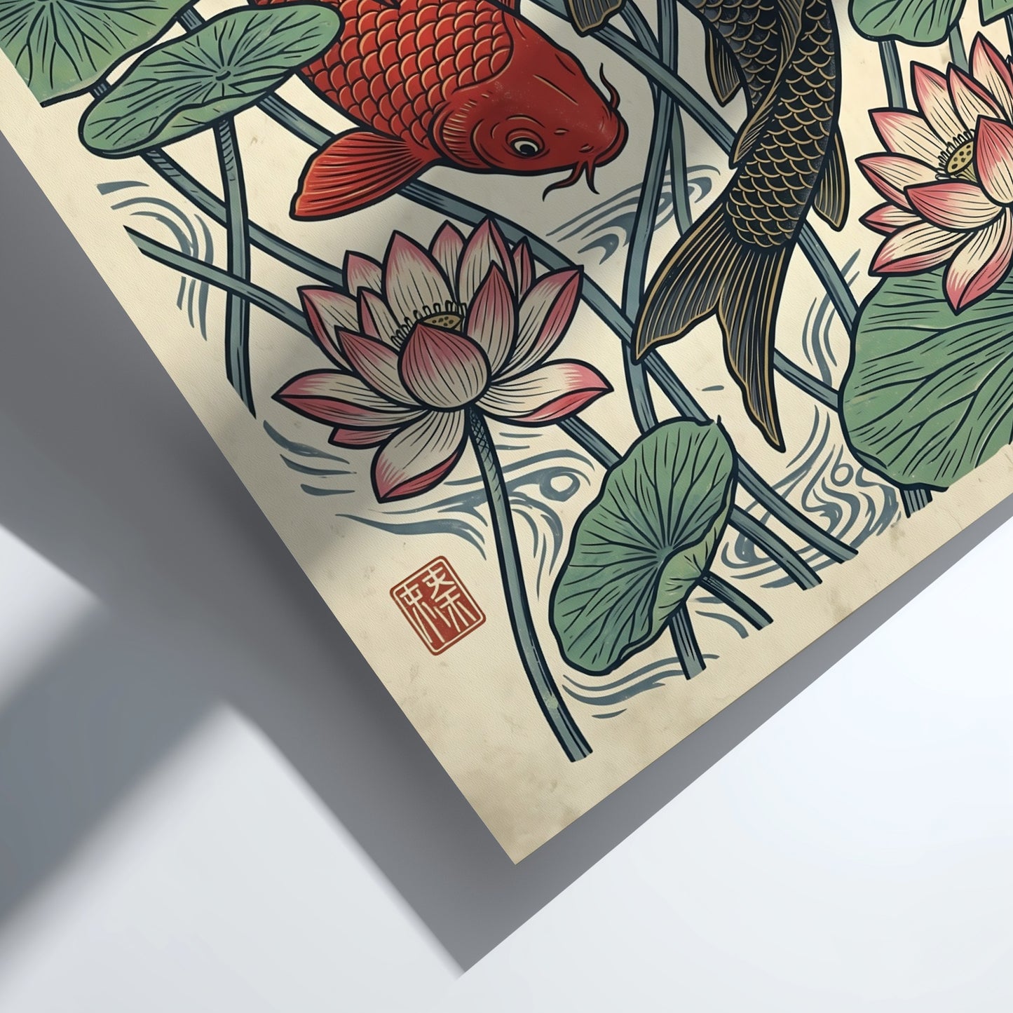Koi fish and lotus flowers poster in Japanese art style with vibrant colors
